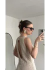 Kadın Krem Rengi Sırt Dekolteli Yırtmaçlı Örgü Plaj Elbisesi Pareo Yazlık Beachwear