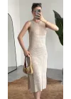 Kadın Krem Rengi Sırt Dekolteli Yırtmaçlı Örgü Plaj Elbisesi Pareo Yazlık Beachwear