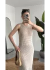 Kadın Krem Rengi Sırt Dekolteli Yırtmaçlı Örgü Plaj Elbisesi Pareo Yazlık Beachwear