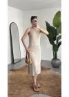 Kadın Krem Rengi Sırt Dekolteli Yırtmaçlı Örgü Plaj Elbisesi Pareo Yazlık Beachwear