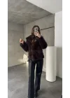 Acı Kahve Şal Yaka Jakarlı Çıt Çıtlı Cepli Geniş Kalıp Lolita Kürk