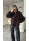 Acı Kahve Şal Yaka Jakarlı Çıt Çıtlı Cepli Geniş Kalıp Lolita Suni Kürk