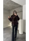 Acı Kahve Şal Yaka Jakarlı Çıt Çıtlı Cepli Geniş Kalıp Lolita Suni Kürk