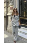 Açık Gri Oversize Kruvaze Ceket Tam Kalıp Palazzo Pantolon Viskon Premium İkili Takım