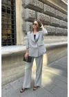 Açık Gri Oversize Kruvaze Ceket Tam Kalıp Palazzo Pantolon Viskon Premium İkili Takım