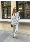 Açık Gri Oversize Kruvaze Ceket Tam Kalıp Palazzo Pantolon Viskon Premium İkili Takım