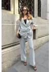 Açık Gri Oversize Kruvaze Ceket Tam Kalıp Palazzo Pantolon Viskon Premium İkili Takım