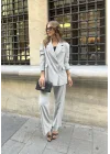 Açık Gri Oversize Kruvaze Ceket Tam Kalıp Palazzo Pantolon Viskon Premium İkili Takım