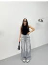 Açık Gri Yıkamalı Baggy Geniş Paça Yüksek Bel Oturtmalı Jean Kot Pantolon