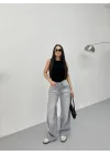 Açık Gri Yıkamalı Baggy Geniş Paça Yüksek Bel Oturtmalı Jean Kot Pantolon