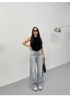 Açık Gri Yıkamalı Baggy Geniş Paça Yüksek Bel Oturtmalı Jean Kot Pantolon
