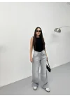 Açık Gri Yıkamalı Baggy Geniş Paça Yüksek Bel Oturtmalı Jean Kot Pantolon