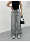 Açık Gri Yıkamalı Baggy Geniş Paça Yüksek Bel Oturtmalı Jean Kot Pantolon