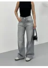 Açık Gri Yıkamalı Baggy Geniş Paça Yüksek Bel Oturtmalı Jean Kot Pantolon