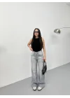 Açık Gri Yıkamalı Baggy Geniş Paça Yüksek Bel Oturtmalı Jean Kot Pantolon