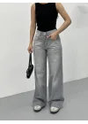 Açık Gri Yıkamalı Baggy Geniş Paça Yüksek Bel Oturtmalı Jean Kot Pantolon