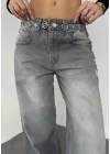 Açık Gri Yıkamalı Süper Baggy Ektra Geniş Paça Yüksek Bel Jean Kot Pantolon