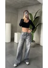 Açık Gri Yıkamalı Süper Baggy Ektra Geniş Paça Yüksek Bel Jean Kot Pantolon