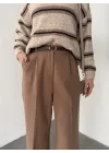 Açık Kahverengi Pileli Tam Kalıp Bel Oturtmalı Geniş Paça Palazzo Pantolon