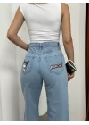 Açık Mavi Cep İşleme Detaylı Yıkamalı Baggy Geniş Paça Yüksek Bel Oturtmalı Jean Kot Pantolon