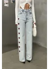 Açık Mavi Kalp İşlemeli Yıkamalı Baggy Geniş Paça Yüksek Bel Oturtmalı Jean Kot Pantolon