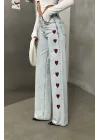 Açık Mavi Kalp İşlemeli Yıkamalı Baggy Geniş Paça Yüksek Bel Oturtmalı Jean Kot Pantolon