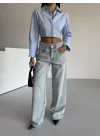 Açık Mavi Yıkamalı Baggy Geniş Paça Yüksel Bel Oturtmalı Jean Kot Pantolon