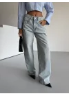 Açık Mavi Yıkamalı Baggy Geniş Paça Yüksel Bel Oturtmalı Jean Kot Pantolon