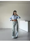 Açık Mavi Yıkamalı Baggy Geniş Paça Yüksel Bel Oturtmalı Jean Kot Pantolon
