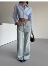 Açık Mavi Yıkamalı Baggy Geniş Paça Yüksel Bel Oturtmalı Jean Kot Pantolon