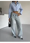 Açık Mavi Yıkamalı Baggy Geniş Paça Yüksel Bel Oturtmalı Jean Kot Pantolon