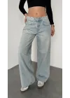Açık Mavi Yıkamalı Süper Baggy Ektra Geniş Paça Yüksek Bel Jean Kot Pantolon