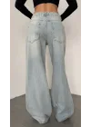 Açık Mavi Yıkamalı Süper Baggy Ektra Geniş Paça Yüksek Bel Jean Kot Pantolon