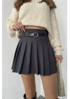 Antrasit Astarlı Şortlu Kemerli Pileli Kışlık Mini Etek
