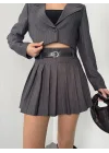Antrasit Çizgili Astarlı Şortlu Kemerli Pileli Kışlık Mini Etek