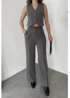 Antrasit Çizgili Düğmeli Yelek Pileli Palazzo Pantolon İkili Takım
