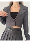 Antrasit Çizgili Tek Düğmeli Astarlı Crop Ceket