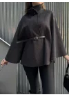Antrasit Kemerli Dik Yaka Düğmeli Kaşe Pelerin Panço