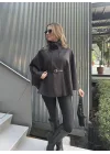 Antrasit Kemerli Dik Yaka Düğmeli Kaşe Pelerin Panço