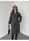 Antrasit Kruvaze Oversize Premium Kalite Kuşaklı Tam Boy Uzun Kaşe Mont