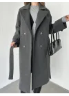 Antrasit Kruvaze Oversize Premium Kalite Kuşaklı Tam Boy Uzun Kaşe Mont