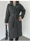 Antrasit Kruvaze Oversize Premium Kalite Kuşaklı Tam Boy Uzun Kaşe Mont