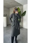 Antrasit Kruvaze Oversize Premium Kalite Kuşaklı Tam Boy Uzun Kaşe Mont