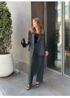 Antrasit Oversize Kruvaze Ceket Tam Kalıp Palazzo Pantolon Viskon Premium İkili Takım