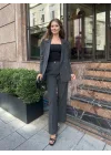 Antrasit Oversize Kruvaze Ceket Tam Kalıp Palazzo Pantolon Viskon Premium İkili Takım