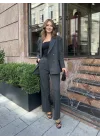 Antrasit Oversize Kruvaze Ceket Tam Kalıp Palazzo Pantolon Viskon Premium İkili Takım
