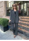 Antrasit Oversize Kruvaze Ceket Tam Kalıp Palazzo Pantolon Viskon Premium İkili Takım
