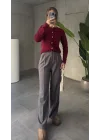 Antrasit Pileli Tam Kalıp Bel Oturtmalı Geniş Paça Palazzo Pantolon
