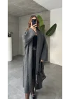 Antrasit Şal Yaka Tam Boy Uzun Salaş Oversize Triko Hırka