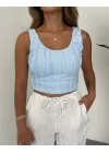 Bebe Mavisi Jakarlı Sırt Dekolteli Crop Bluz